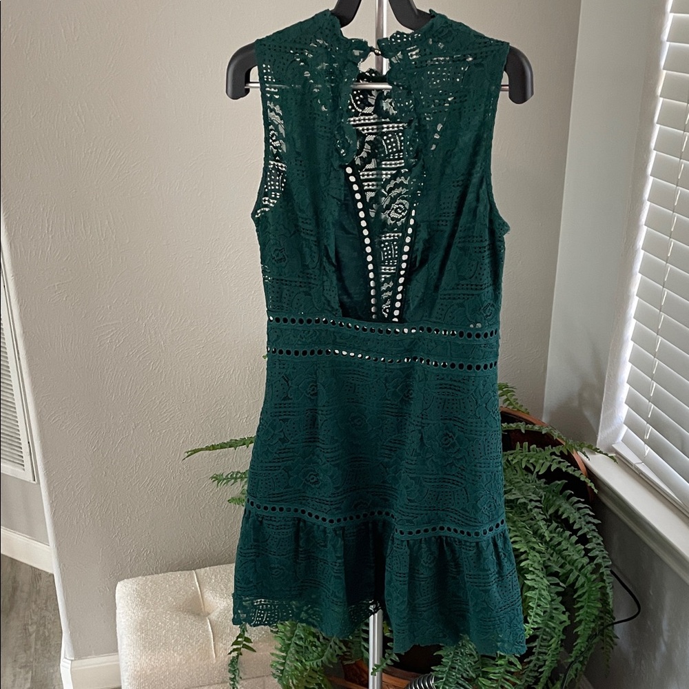 Saylor Lace V-Neck Fit & Flare Dress in Dark Green - Picture 6 of 7